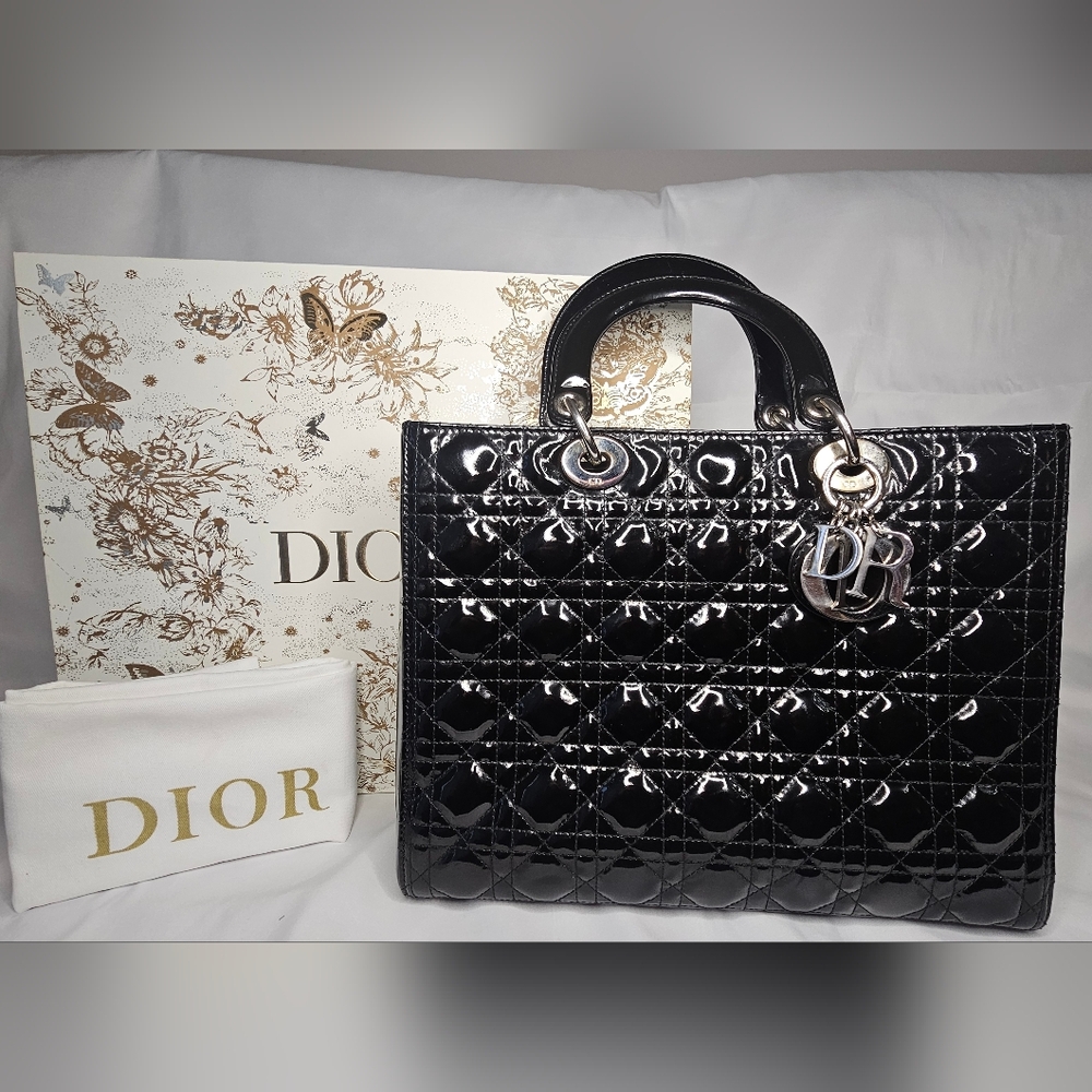 Authentic Christian Dior Lady Dior Patent Leather Tote Black Medium